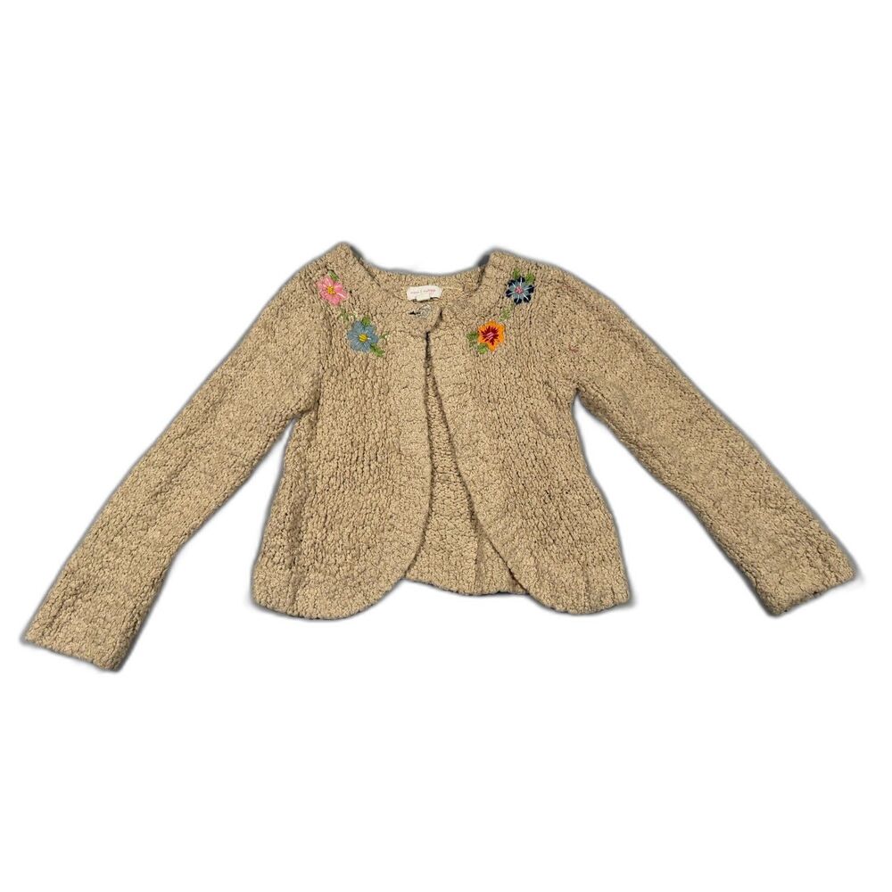 Mimi & Maggie Girl M Popcorn Knit Cardigan Floral Embroidered Boho Beige Sweater